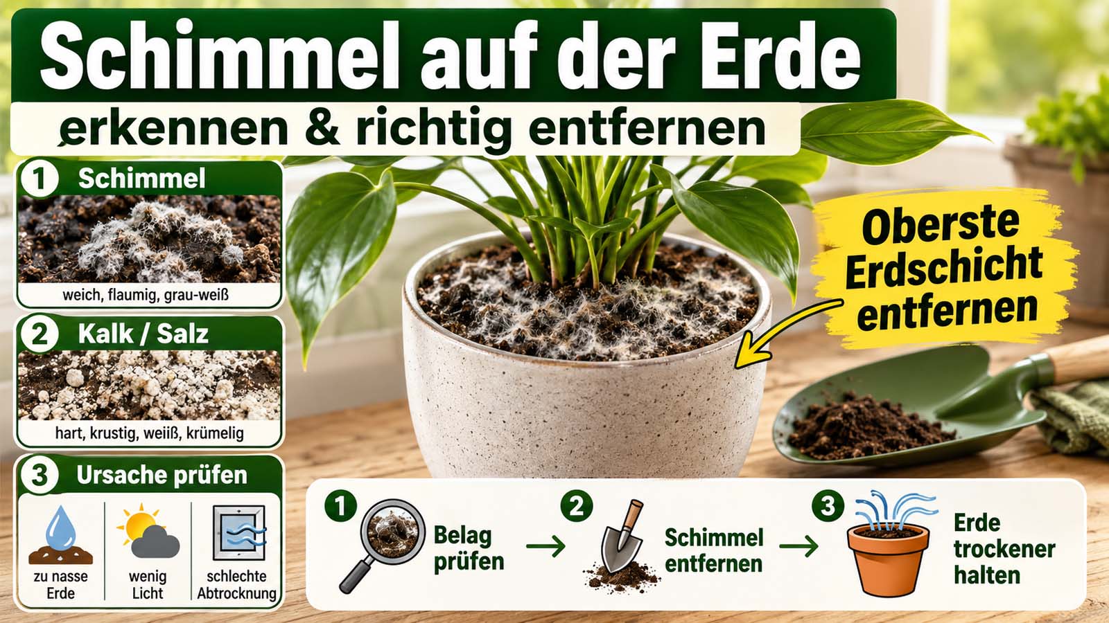 Zimmerpflanze mit weiß-grauem Schimmel auf der Blumenerde sowie Vergleich zu Kalk- und Salzablagerungen und Hinweisen zum Entfernen der oberen Erdschicht.