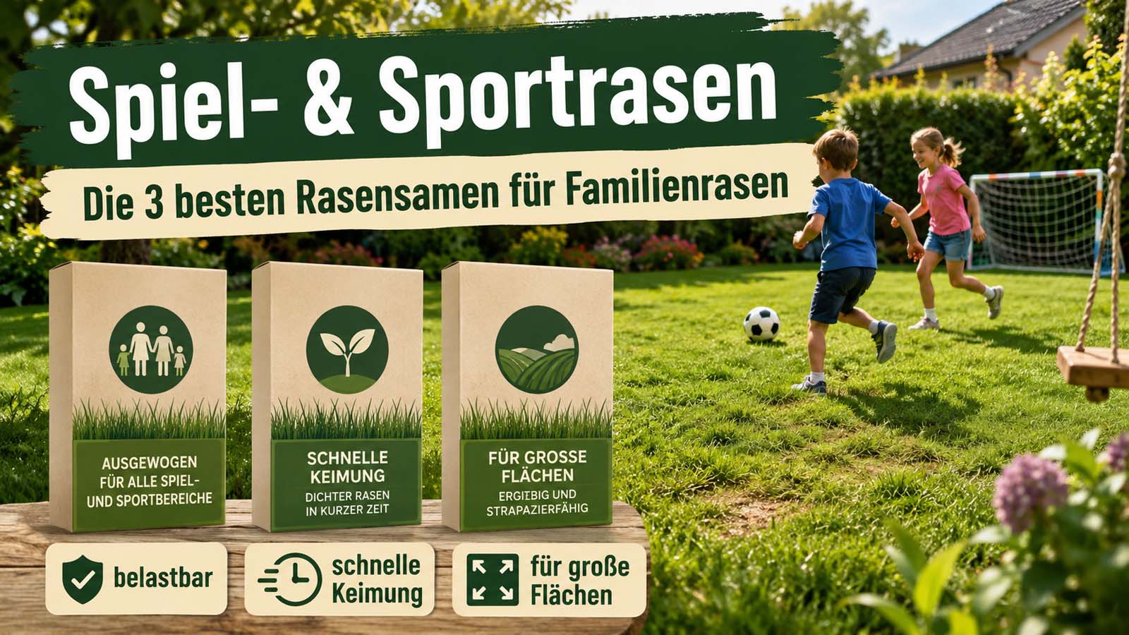 Belastbarer Spiel- und Sportrasen im Familiengarten mit Fußball spielenden Kindern und drei Rasensamen-Varianten für robuste, schnell keimende und große Rasenflächen.