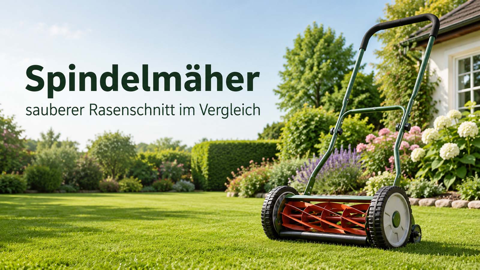 Handbetriebener Spindelmäher auf einem gepflegten Rasen in einem blühenden Hausgarten.