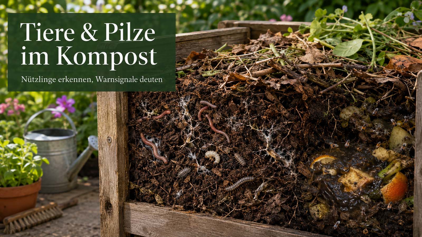 Geöffneter Holzkomposter mit Kompostwürmern, Asseln, Käferlarve, Tausendfüßer und weißem Pilzgeflecht sowie einer nassen Stelle mit Küchenabfällen.