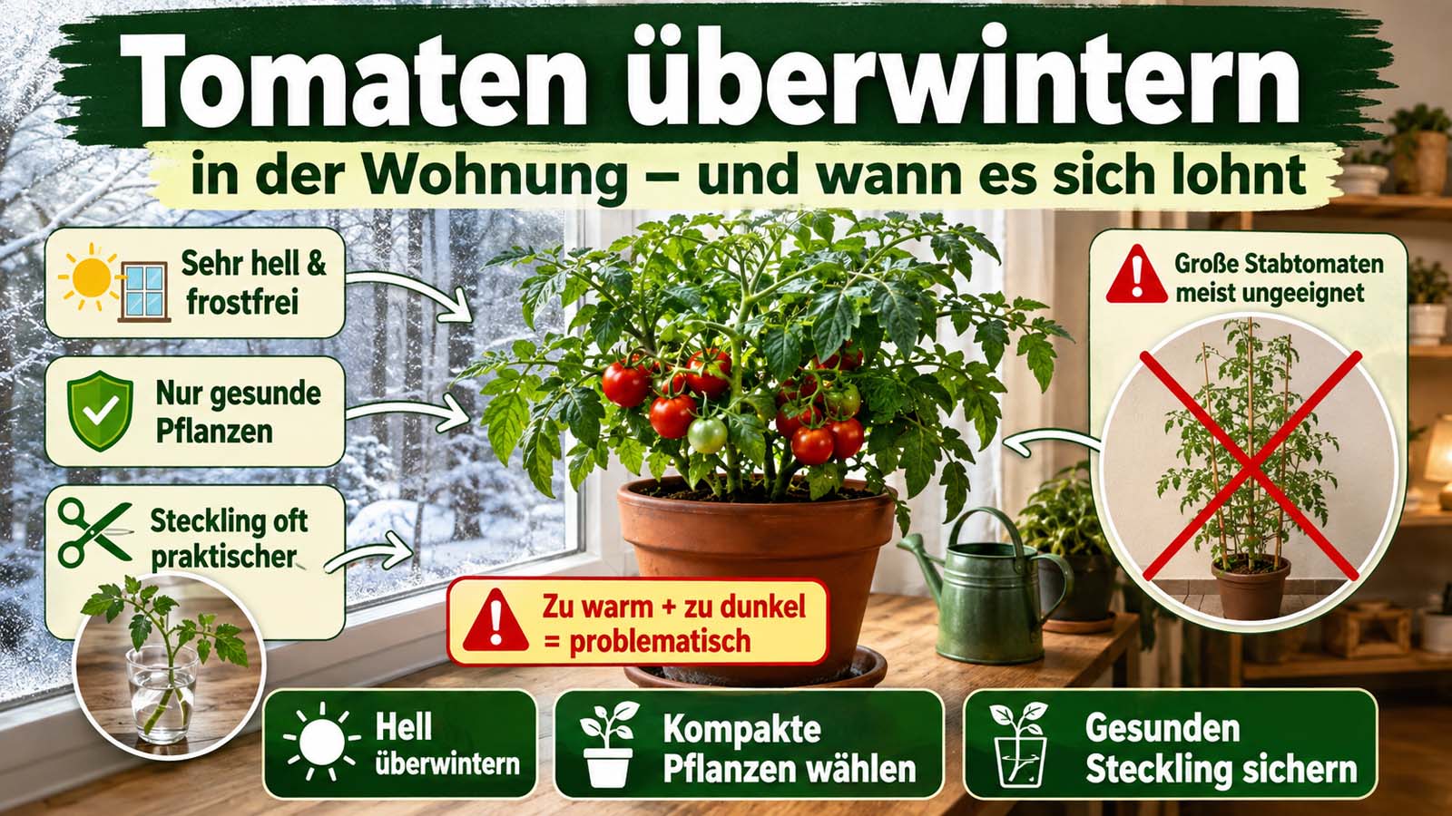 Kompakte Tomatenpflanze überwintert hell und frostfrei am Fenster, mit Hinweisen zu gesundem Pflanzenzustand, Stecklingen und geeigneten Sorten.