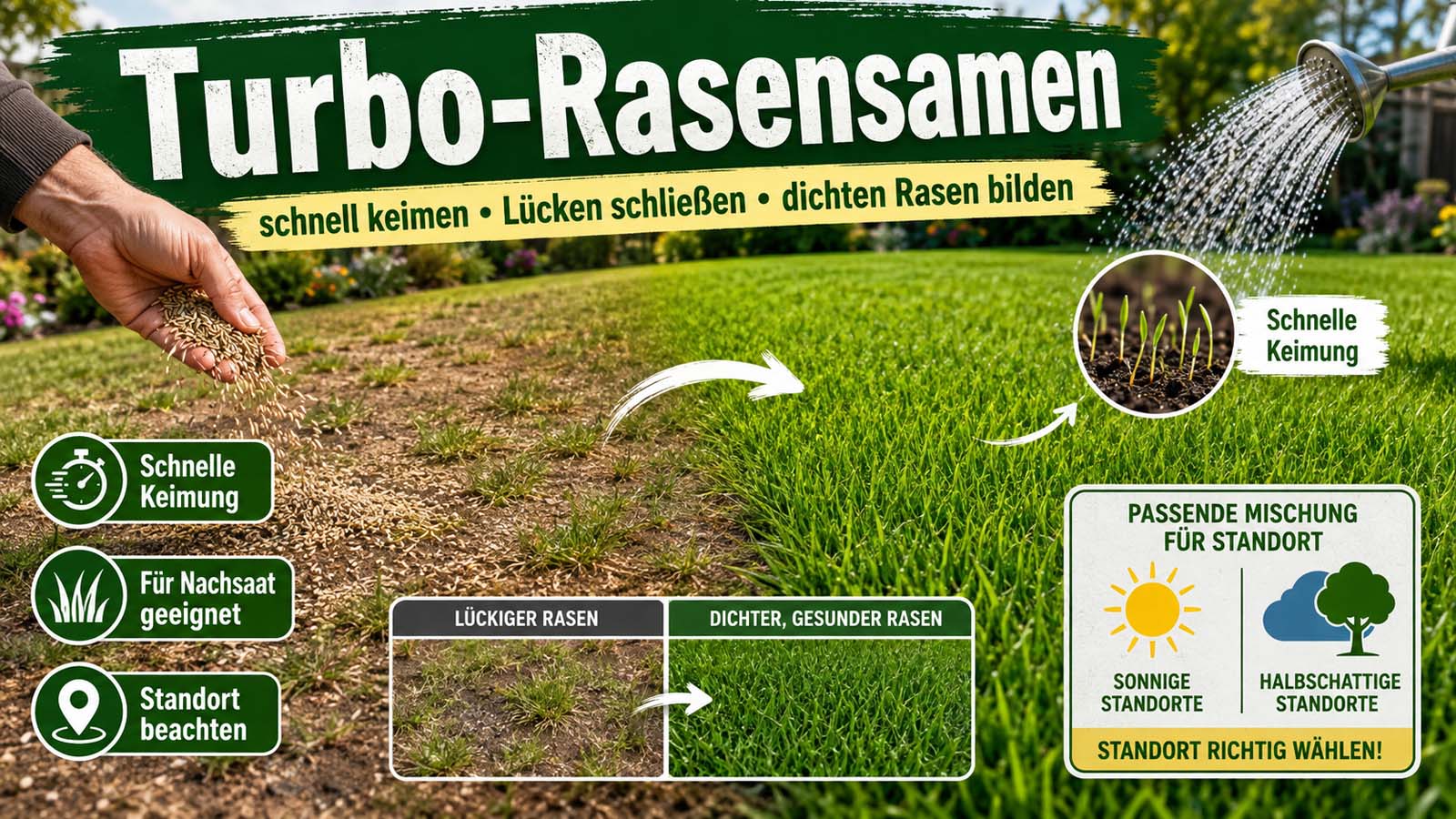 Turbo-Rasensamen werden auf lückigem Rasen ausgesät und bewässert, daneben der Vergleich von kahlen Stellen zu dichtem grünem Rasen.