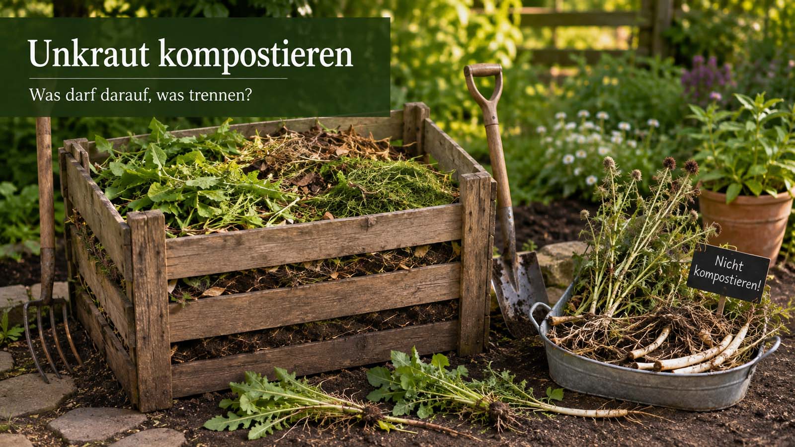Holzkomposter mit jungem Unkraut sowie getrennte Samenstände, Wurzeln und Rhizome in einer Metallwanne.