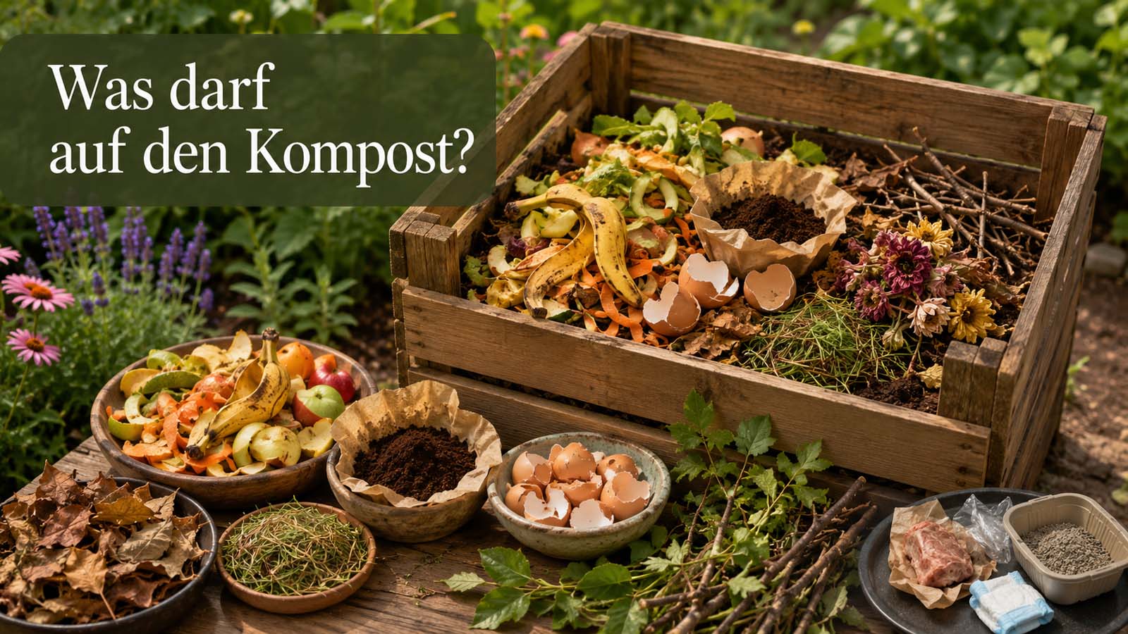 Holzkomposter mit Obst- und Gemüseschalen, Kaffeesatz, Eierschalen, Laub, Rasenschnitt, Pflanzenresten und kleinen Zweigen.
