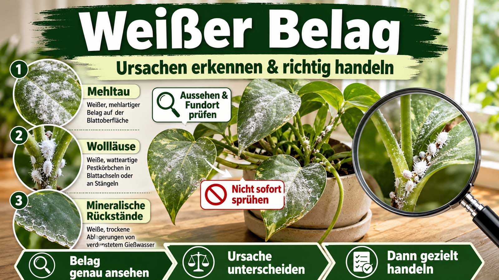 Zimmerpflanze mit weißem Belag auf Blättern und Stängeln sowie Hinweisen auf Mehltau, Wollläuse und mineralische Rückstände als mögliche Ursachen.