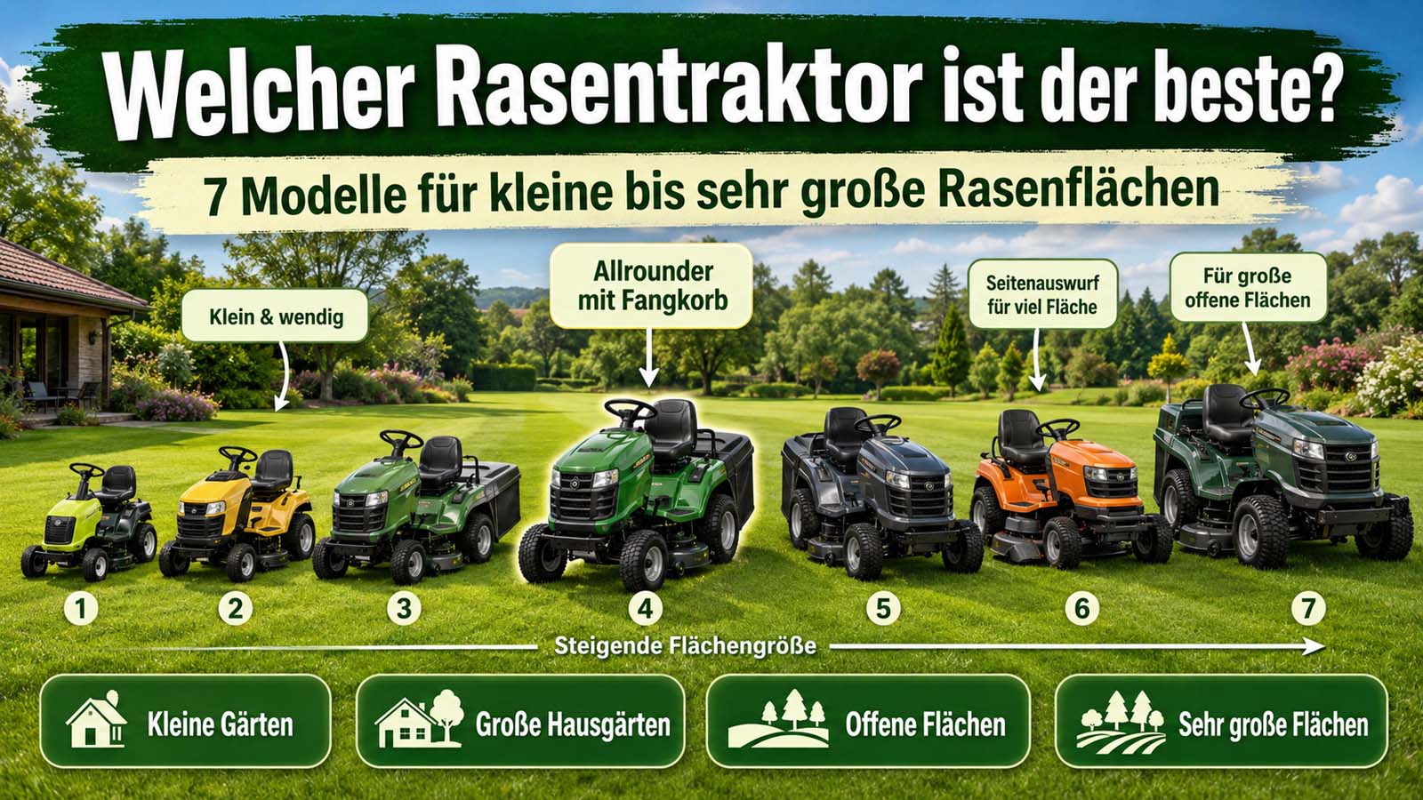 Sieben Rasentraktoren und Aufsitzmäher im Vergleich für kleine Gärten, große Hausgärten, offene Flächen und sehr große Rasenflächen.