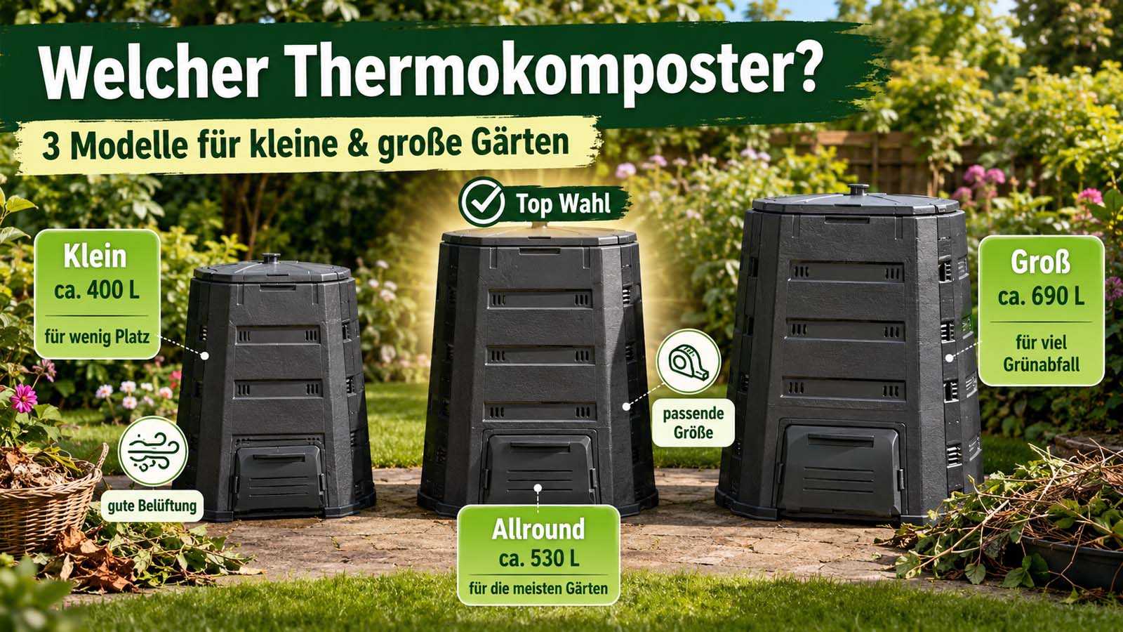 Drei Thermokomposter in unterschiedlichen Größen von etwa 400, 530 und 690 Litern im Garten als Vergleich für kleine, mittlere und große Mengen Grünabfall.