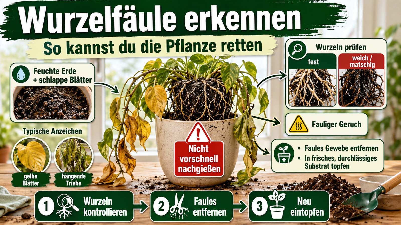 Welke Zimmerpflanze mit feuchter Erde und geschädigten Wurzeln sowie Hinweisen zum Erkennen von Wurzelfäule und zum Umtopfen in frisches Substrat.