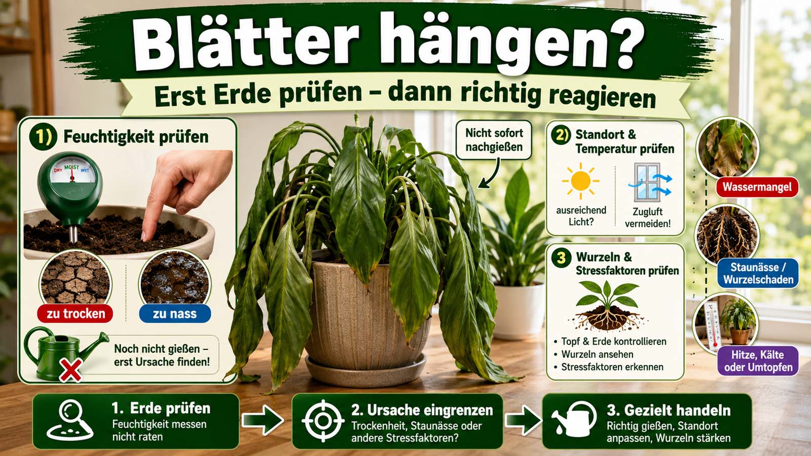 Zimmerpflanze mit hängenden Blättern und Hinweisen zur Prüfung von Erdfeuchtigkeit, Standort, Wurzeln sowie möglichen Ursachen wie Wassermangel oder Staunässe.