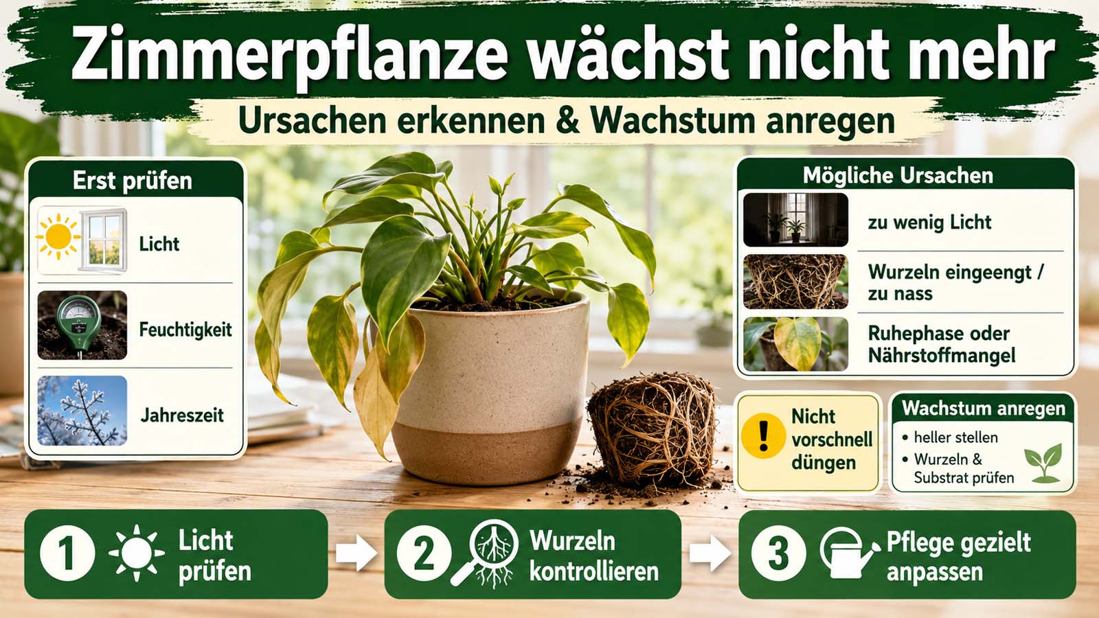 Zimmerpflanze mit stagnierendem Wachstum sowie Hinweisen zu Licht, Feuchtigkeit, Jahreszeit, eingeengten Wurzeln und gezielter Pflege.
