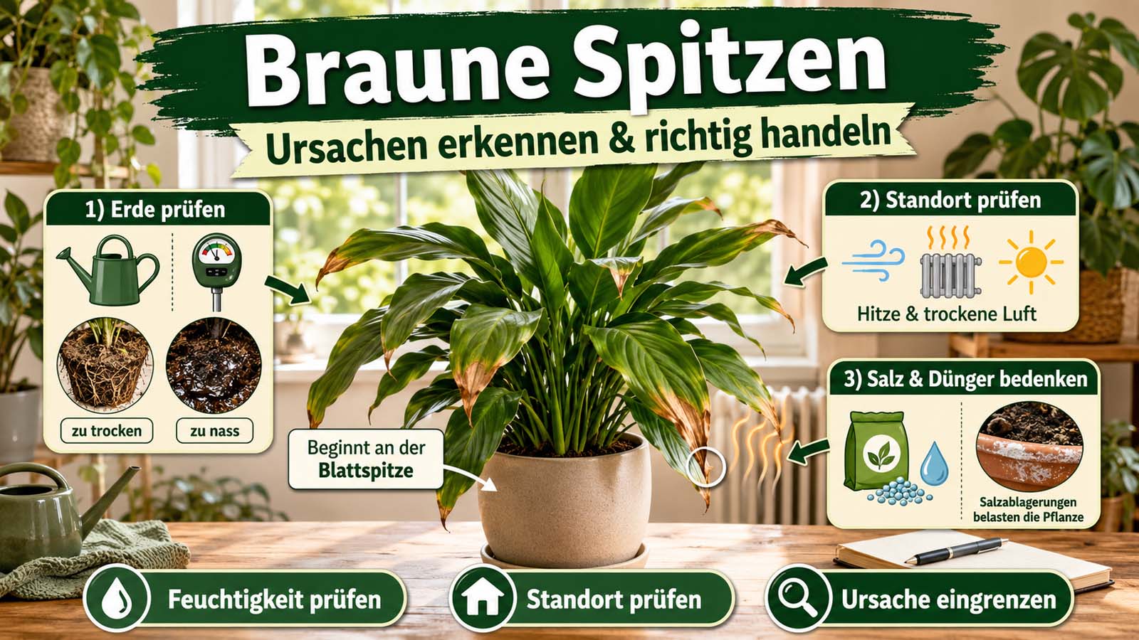 Zimmerpflanze mit braunen Blattspitzen und Hinweisen zu trockener oder nasser Erde, Standort, trockener Luft sowie Salz- und Düngebelastung.