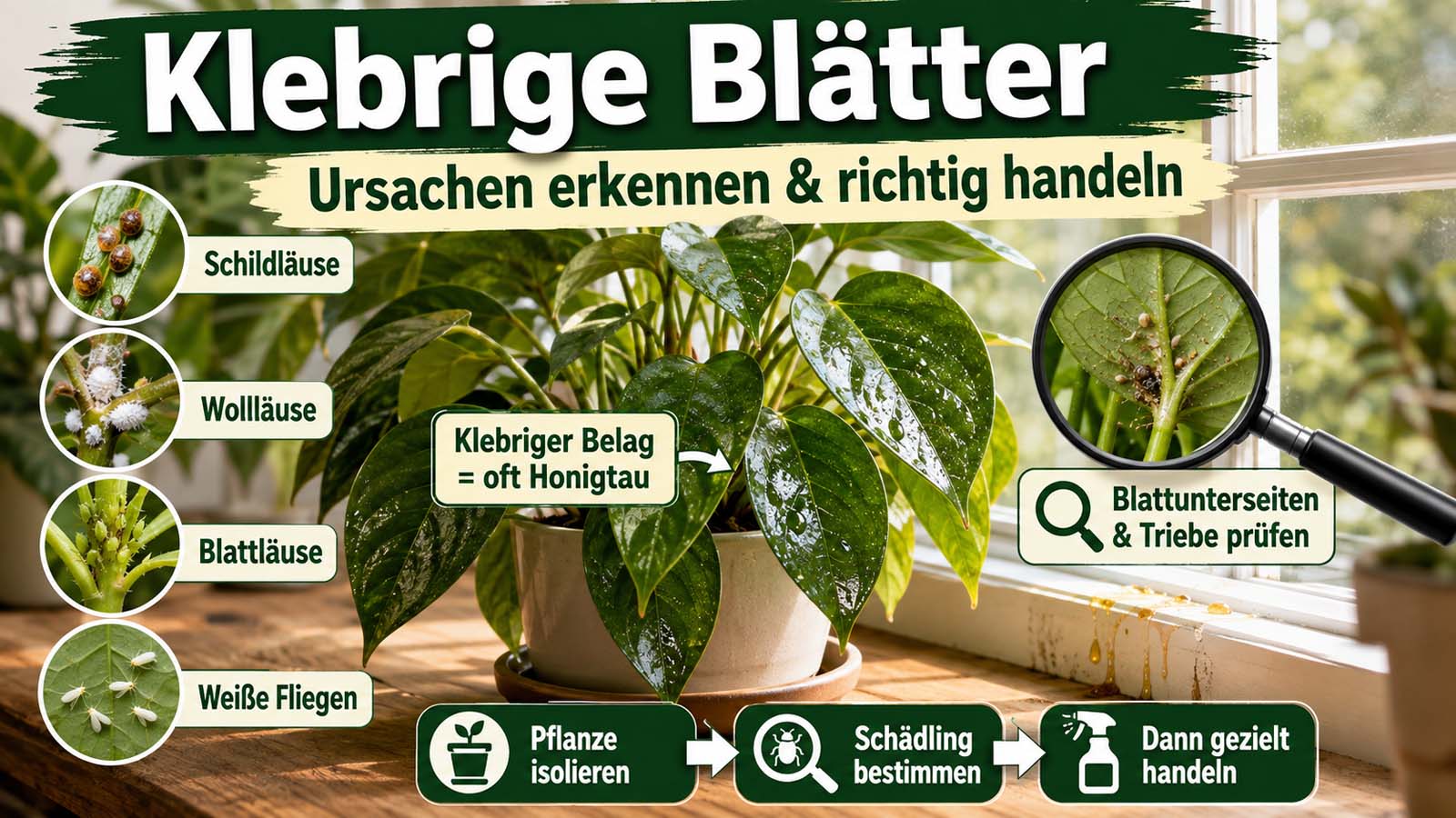 Zimmerpflanze mit klebrigen Blättern und Honigtau sowie Hinweisen auf Schildläuse, Wollläuse, Blattläuse und Weiße Fliegen als häufige Ursachen.