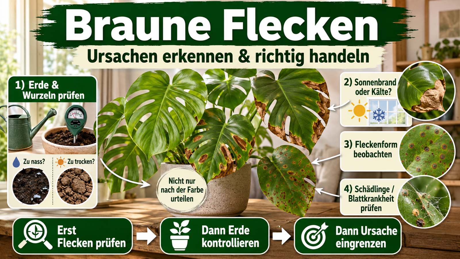 Zimmerpflanze mit braunen Flecken und Blatträndern sowie Hinweisen zu Erde, Wurzeln, Sonnenbrand, Kälte, Schädlingen und Blattkrankheiten.