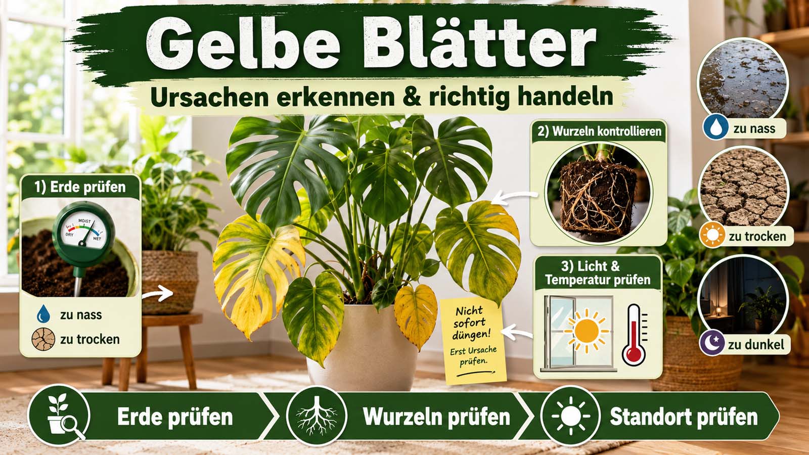 Zimmerpflanze mit gelben Blättern sowie Hinweisen auf zu nasse oder trockene Erde, Wurzelprobleme, Lichtmangel und falsche Standortbedingungen.