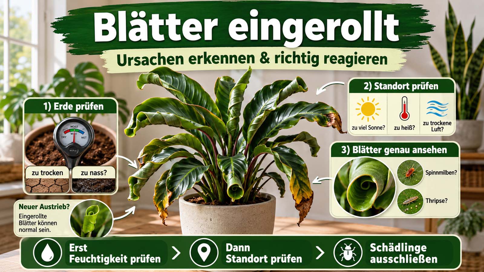 Zimmerpflanze mit eingerollten Blättern und Hinweisen zu Trockenstress, Standort, trockener Luft sowie möglichen Schädlingen wie Spinnmilben oder Thripsen.