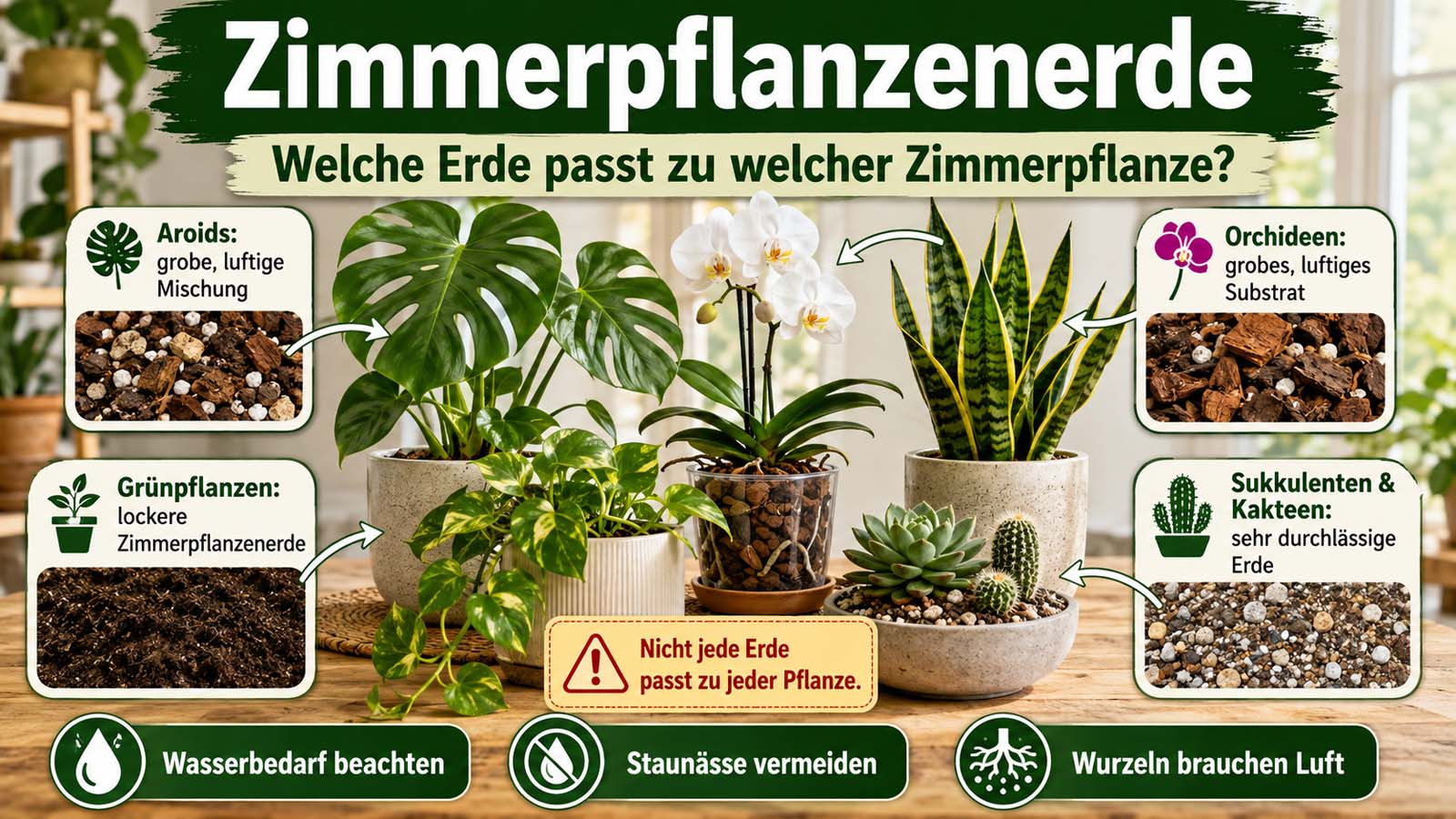 Monstera, Orchidee, Bogenhanf, Grünpflanzen und Sukkulenten mit passenden Substraten aus lockerer Erde, Rinde und mineralischen Bestandteilen.