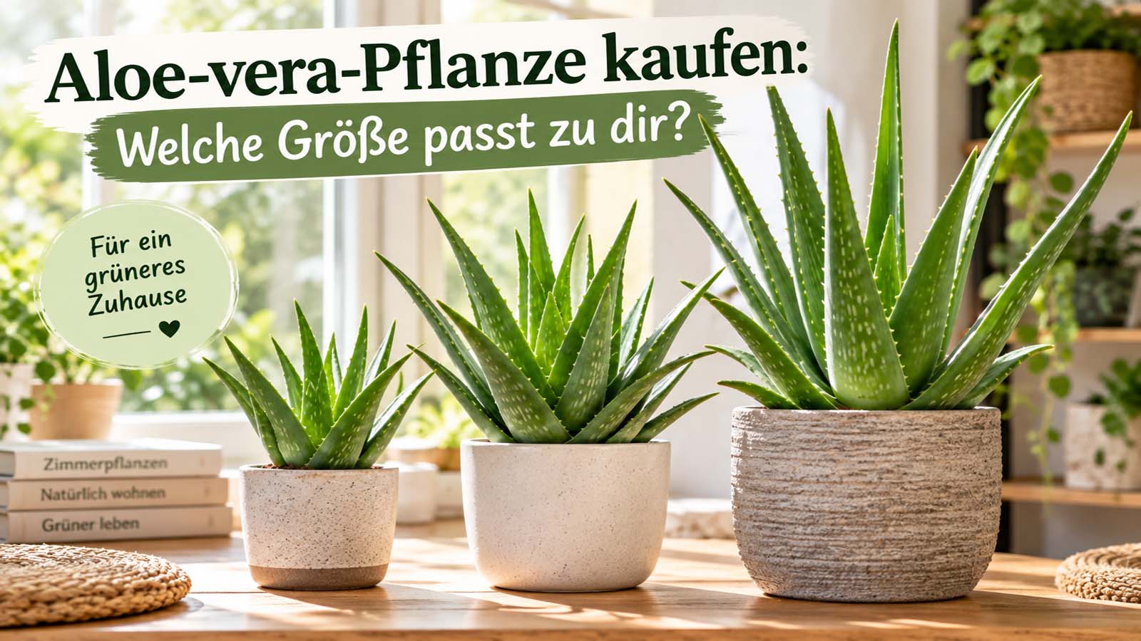 Drei unterschiedlich große Aloe-vera-Pflanzen im Vergleich – von kompakter Pflanze bis zur großen Aloe für mehr Raumwirkung.