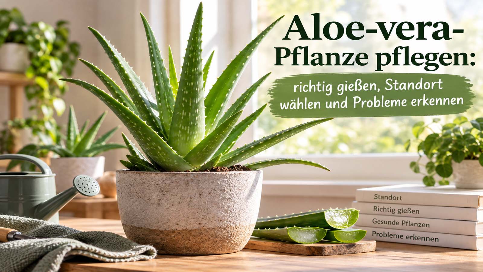 Gesunde Aloe-vera-Pflanze am hellen Fenster mit Gießkanne – passend zu Pflege, Standort, Gießen und typischen Problemen.