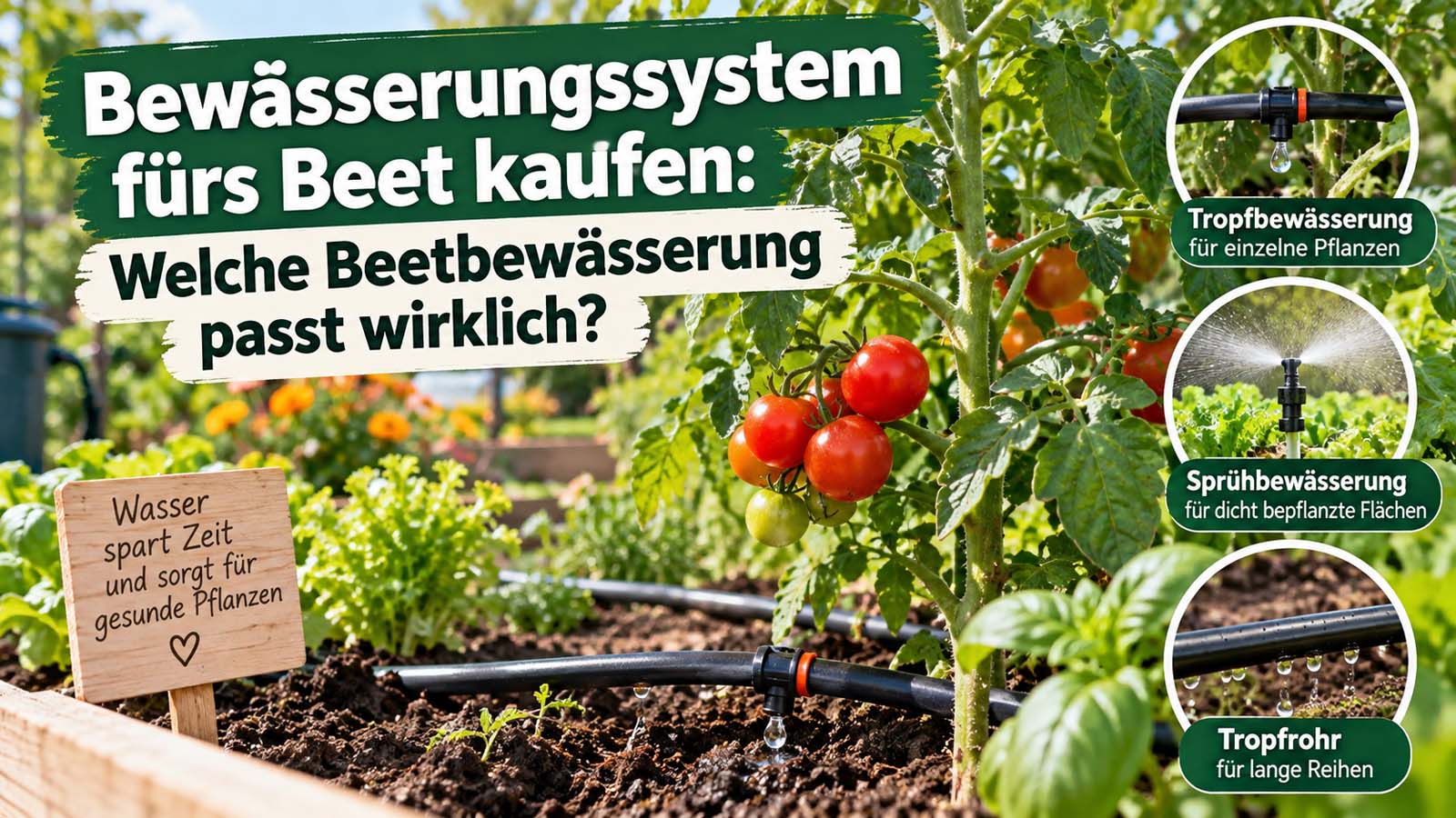 Gemüsebeet mit Tropfbewässerung, Sprühbewässerung und Tropfrohr als Vergleich für einzelne Pflanzen, dicht bepflanzte Flächen und lange Reihen.
