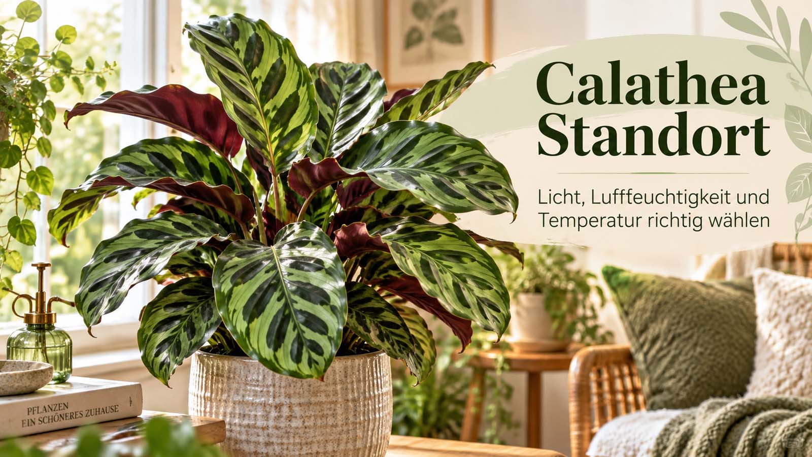 Calathea an einem hellen Standort mit indirektem Tageslicht – passend zu Licht, Luftfeuchtigkeit und Temperatur für Korbmaranten.