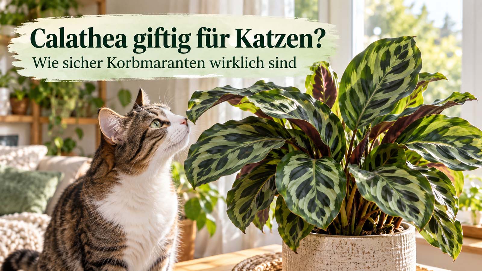 Katze neben einer Calathea im hellen Wohnraum – passend zur Frage, ob Korbmaranten für Katzen giftig oder unbedenklich sind.