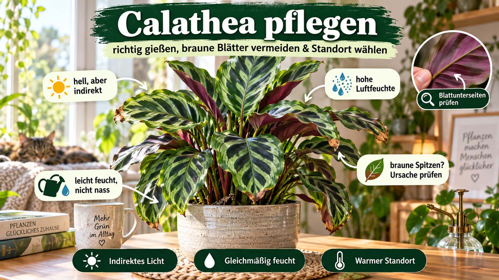 Calathea mit Hinweisen zu indirektem Licht, gleichmäßig feuchter Erde, hoher Luftfeuchtigkeit, braunen Blattspitzen und der Kontrolle der Blattunterseiten.