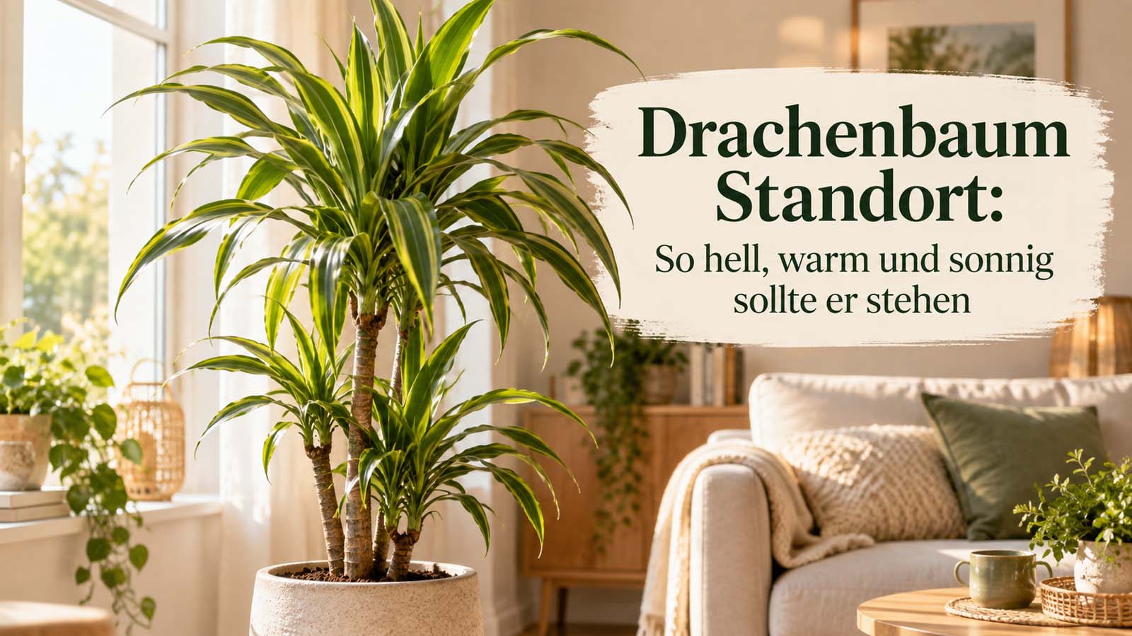 Drachenbaum an einem hellen Fenster im Wohnraum – passend zu Lichtbedarf, Wärme und dem richtigen Standort ohne starke Mittagssonne.