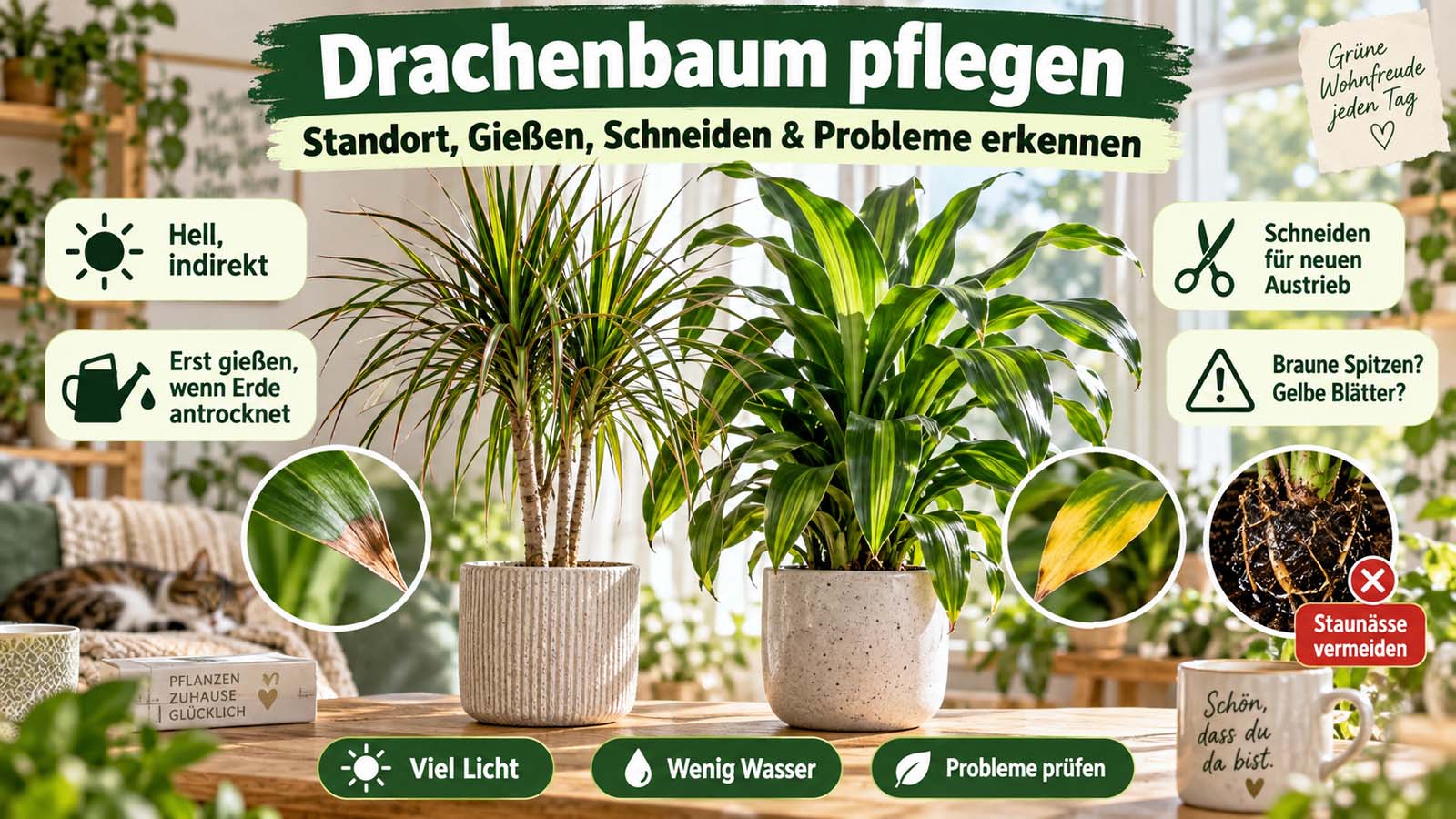 Drachenbaum mit schmalen und breiten Blättern sowie Hinweisen zu hellem Standort, sparsamem Gießen, Schneiden, braunen Spitzen, gelben Blättern und Staunässe.