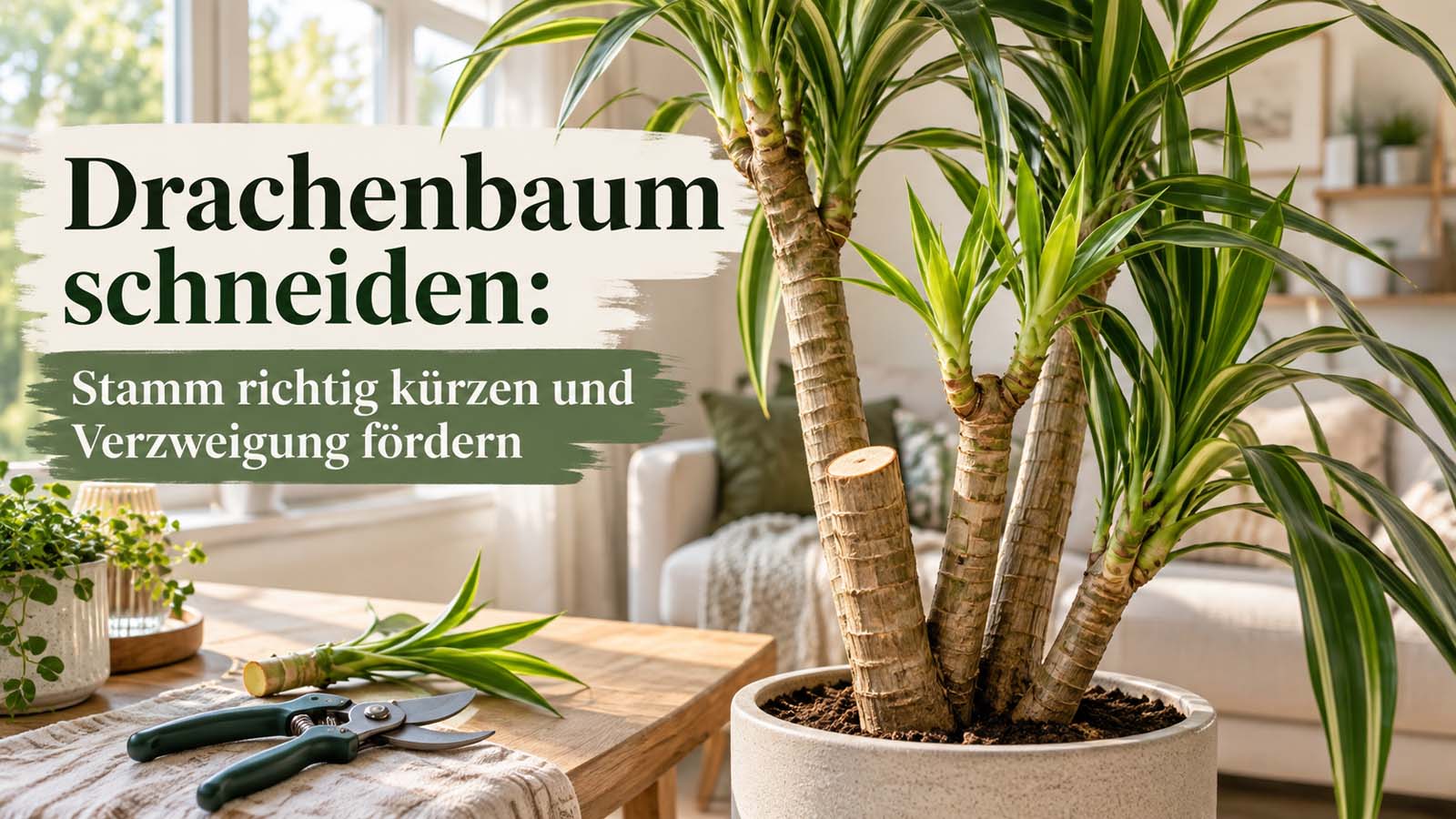 Zurückgeschnittener Drachenbaum mit sichtbarer Schnittstelle und Gartenschere – passend zum Kürzen des Stamms und Fördern neuer Verzweigungen.