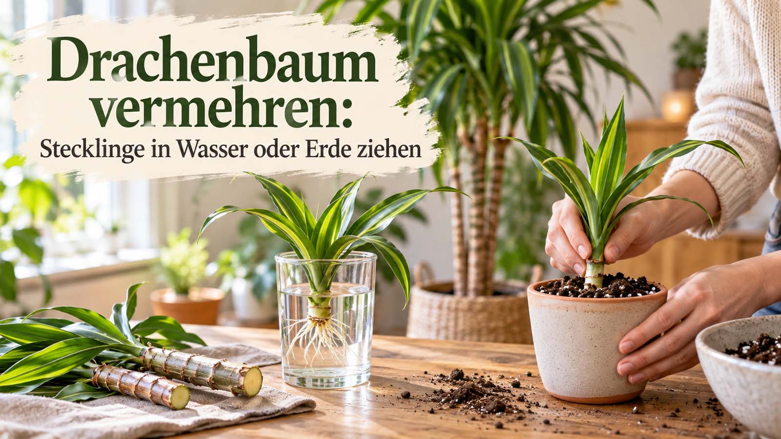 Drachenbaum-Stecklinge beim Bewurzeln in Wasser und Erde – mit Kopfsteckling, sichtbaren Wurzeln und eingetopftem Steckling.