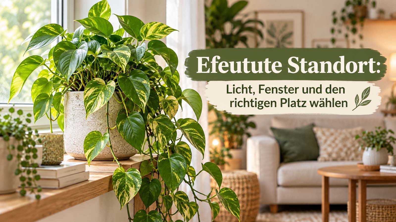 Efeutute mit panaschierten Blättern an einem hellen Fensterplatz im Wohnraum – passend zum richtigen Standort mit viel indirektem Licht.