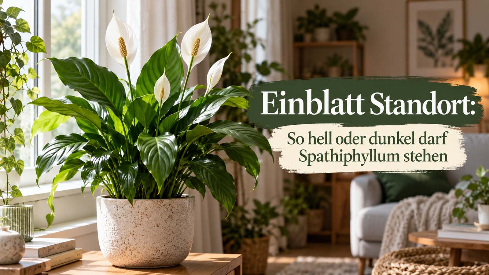 Blühendes Einblatt an einem hellen Fenster mit viel indirektem Tageslicht – passend zum richtigen Standort für Spathiphyllum.