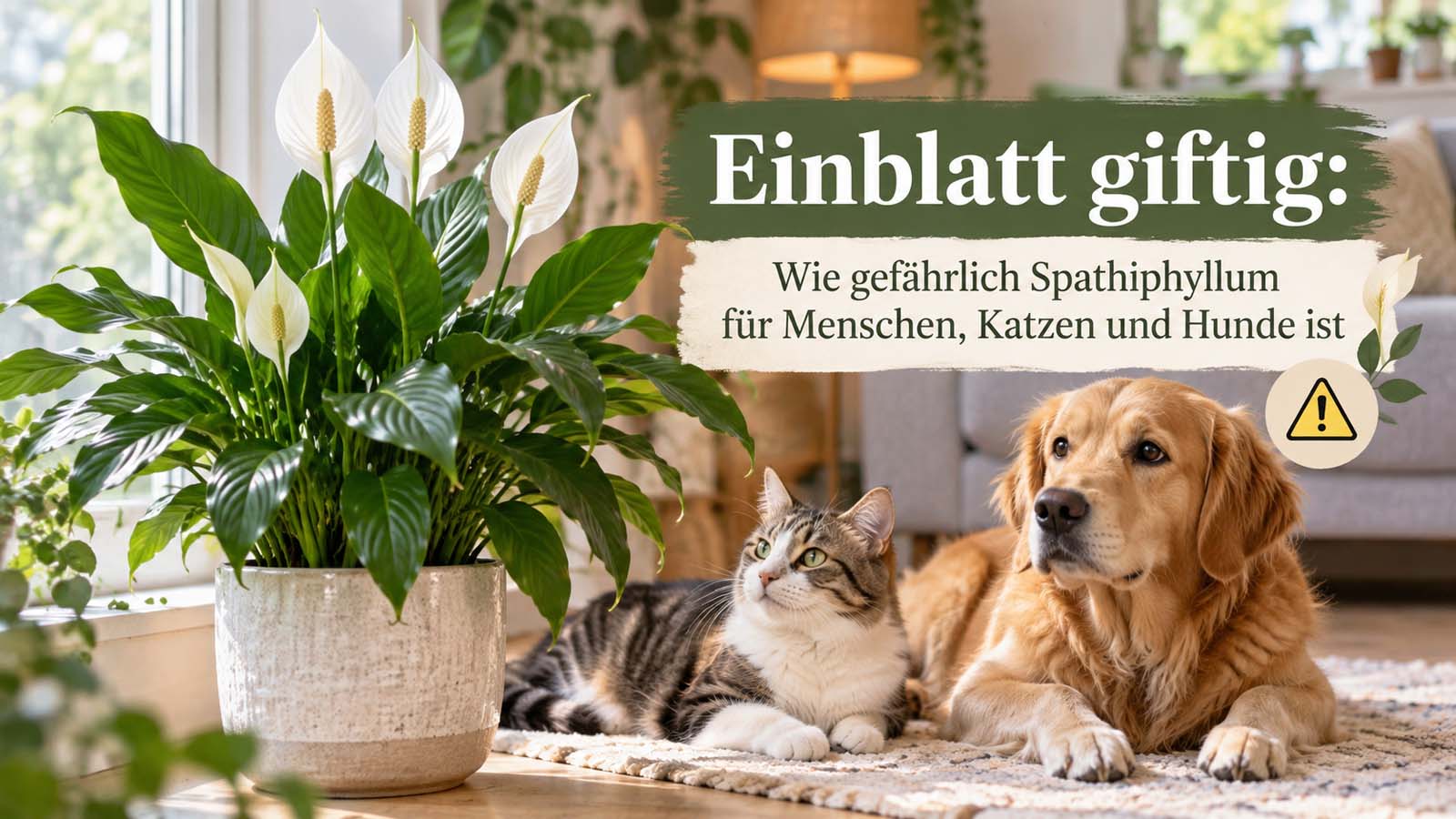 Blühendes Einblatt neben Katze und Hund mit Warnsymbol – passend zur Giftigkeit von Spathiphyllum für Menschen und Haustiere.