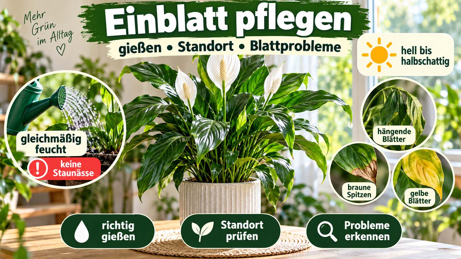 Einblatt mit weißen Blüten sowie Hinweisen zu gleichmäßiger Feuchtigkeit, hellem bis halbschattigem Standort, Staunässe, hängenden Blättern, braunen Spitzen und gelben Blättern.