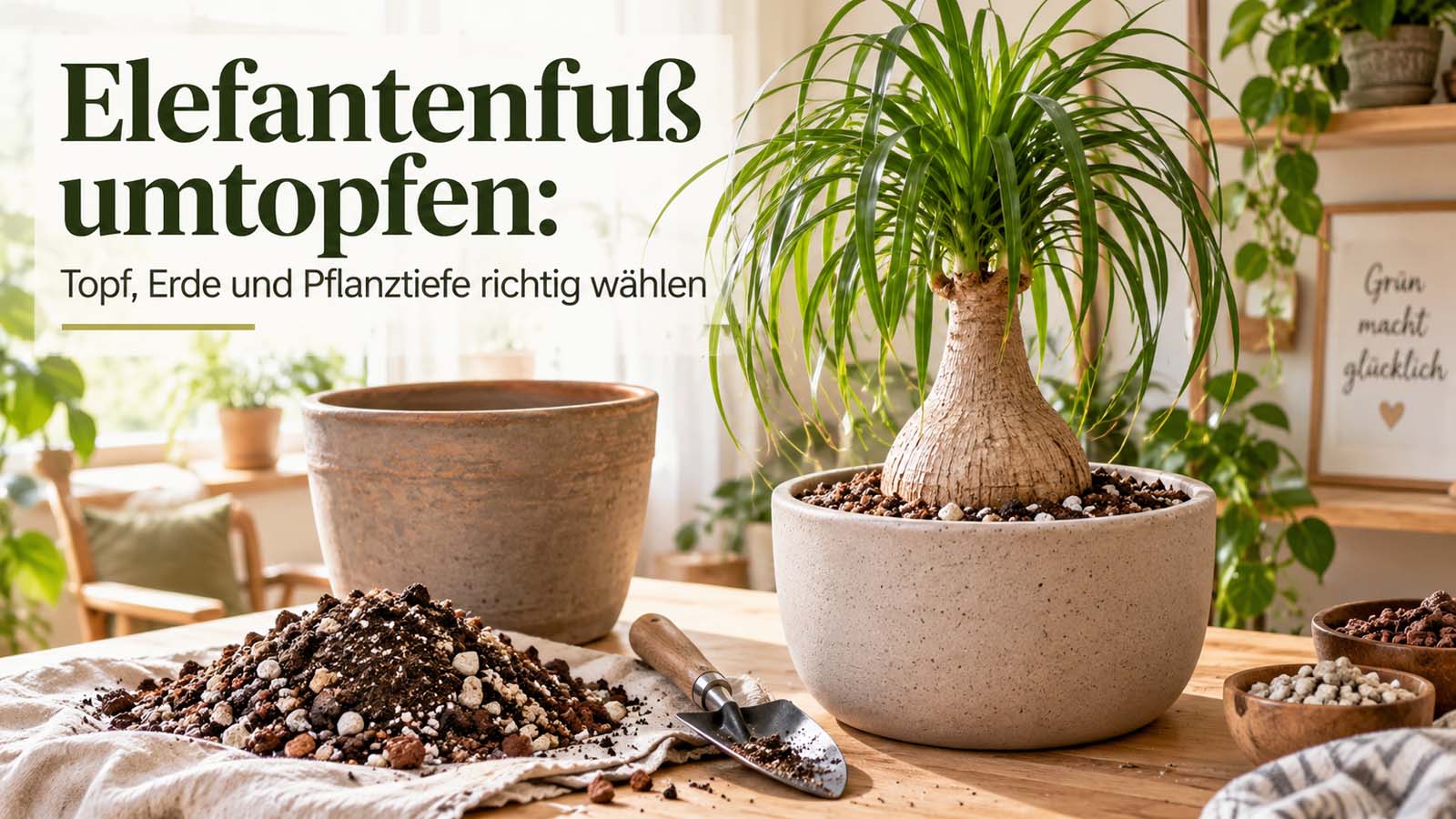 Elefantenfuß im breiten Topf mit freier Stammbasis, lockerem Substrat und Pflanzwerkzeug – passend zum richtigen Umtopfen von Beaucarnea recurvata.
