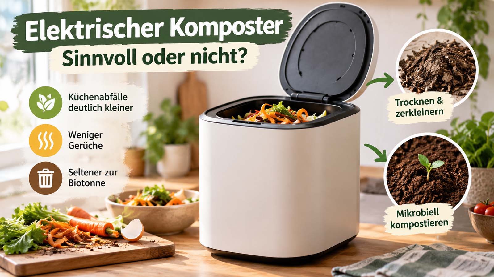 Elektrischer Küchenkomposter mit Bioabfällen sowie Vergleich zwischen Trocknen und Zerkleinern und mikrobieller Kompostierung.