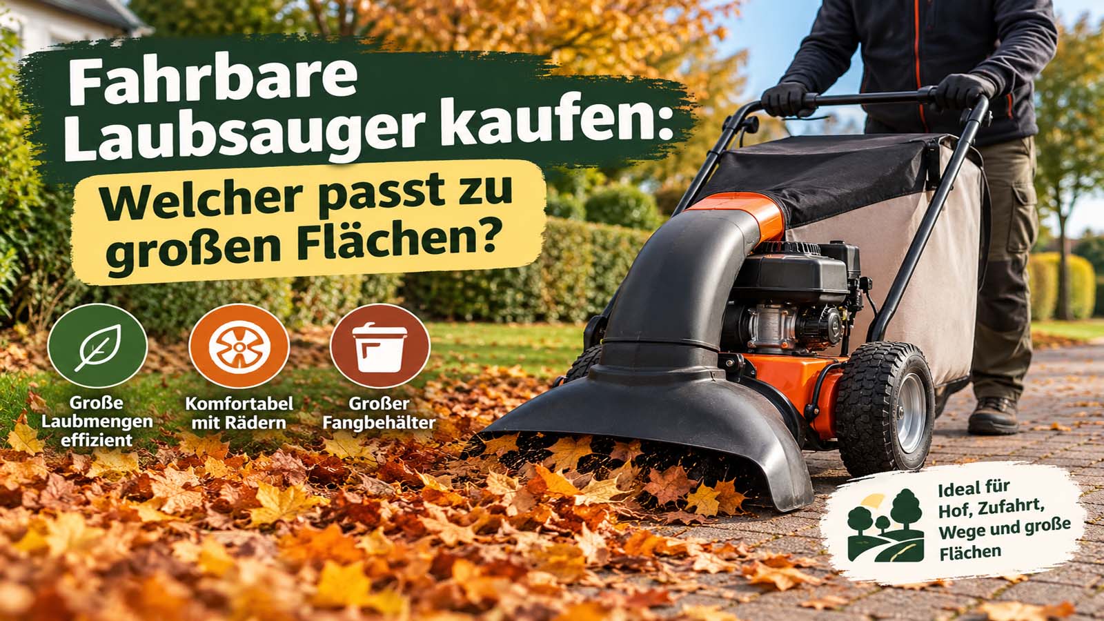 Fahrbarer Laubsauger mit großem Fangbehälter auf einer laubbedeckten Zufahrt, geeignet für Hof, Wege und große Flächen.