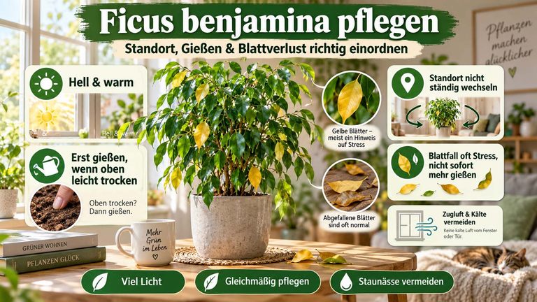 Ficus benjamina pflegen: Standort, Gießen und Blattverlust richtig einordnen