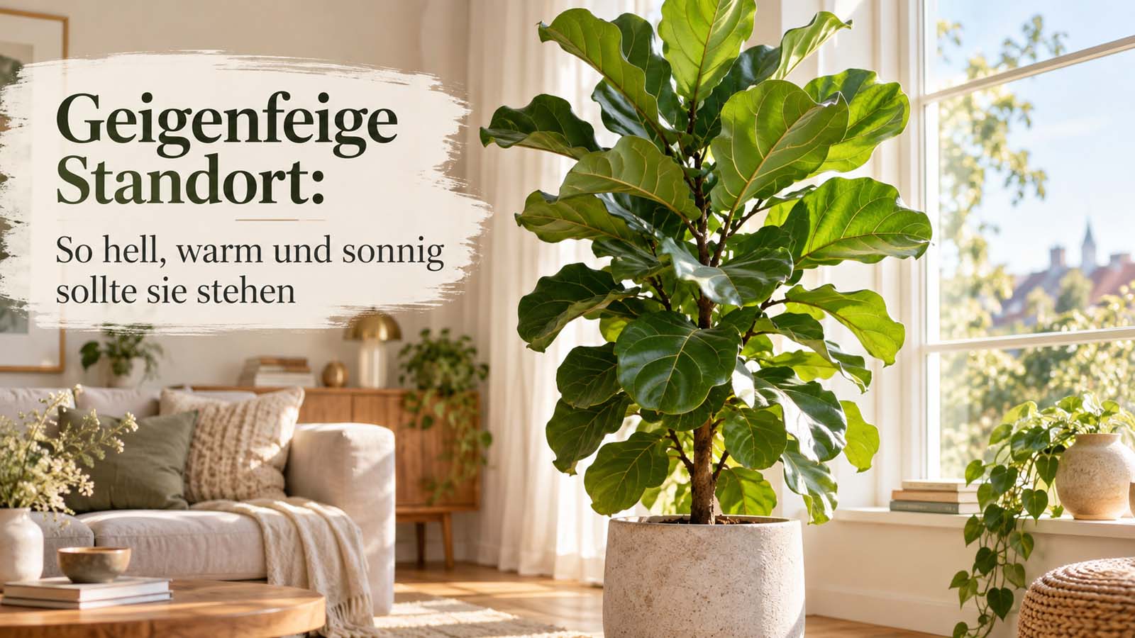 Große Geigenfeige an einem sehr hellen Fenster im warmen Wohnraum – idealer Standort für Ficus lyrata mit viel Tageslicht.
