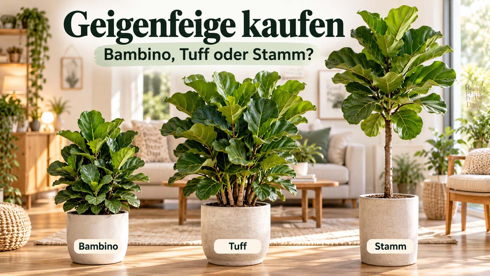 Drei Geigenfeigen im Vergleich: kompakte Ficus lyrata Bambino, buschiger Tuff und hohe Geigenfeige auf Stamm im Wohnraum.