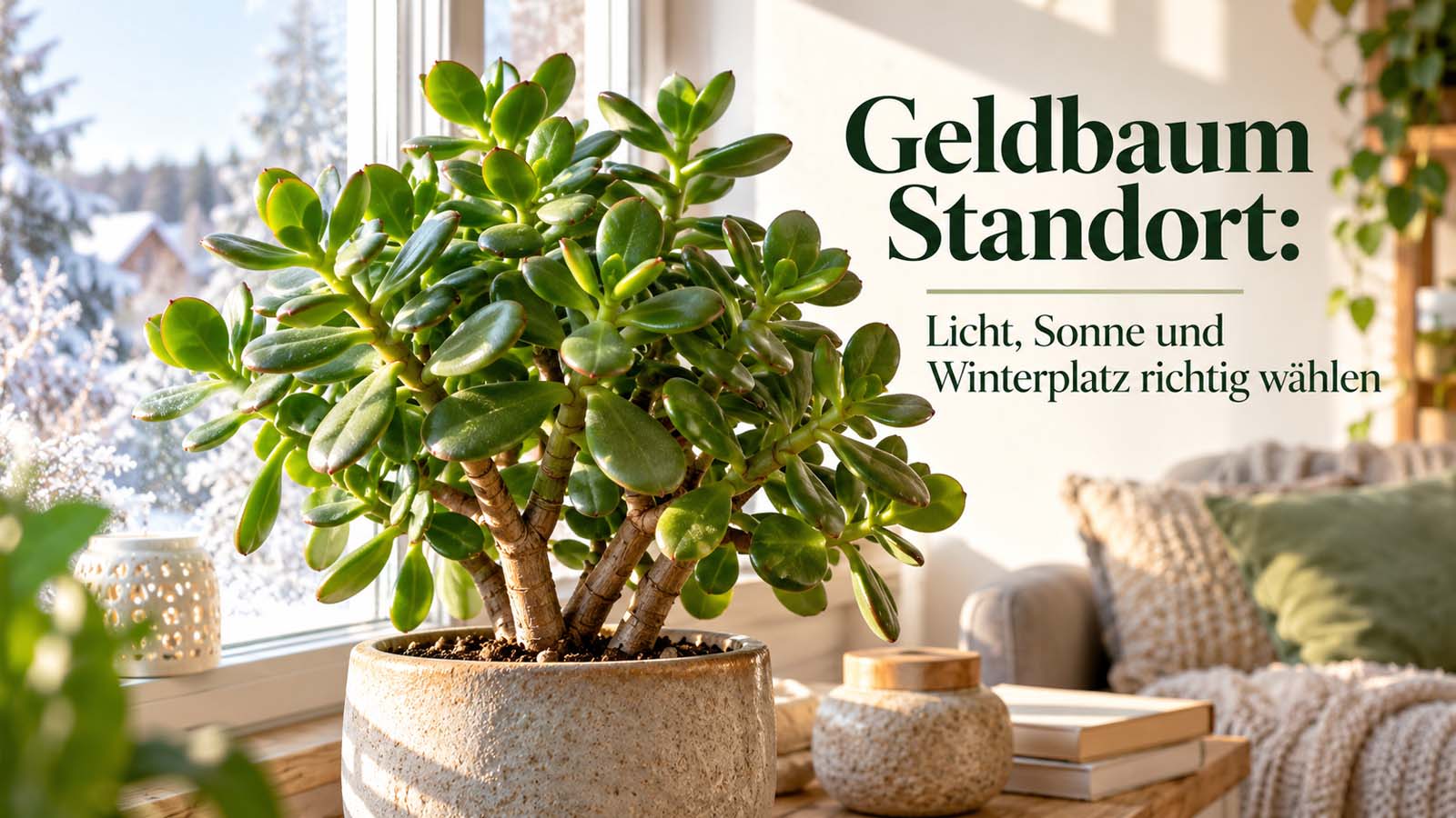 Gesunder Geldbaum an einem sehr hellen Fenster mit Sonnenlicht – passend zum idealen Standort von Crassula ovata im Sommer und Winter.