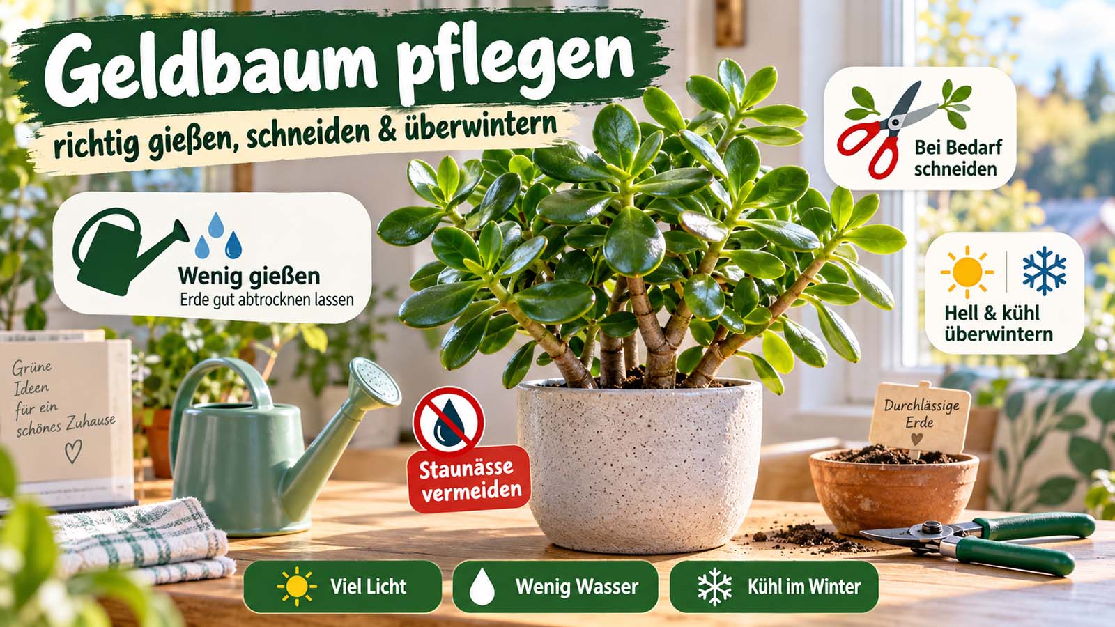 Gesunder Geldbaum am hellen Fenster mit Hinweisen zu sparsamem Gießen, Staunässe vermeiden, Rückschnitt und kühler Überwinterung.