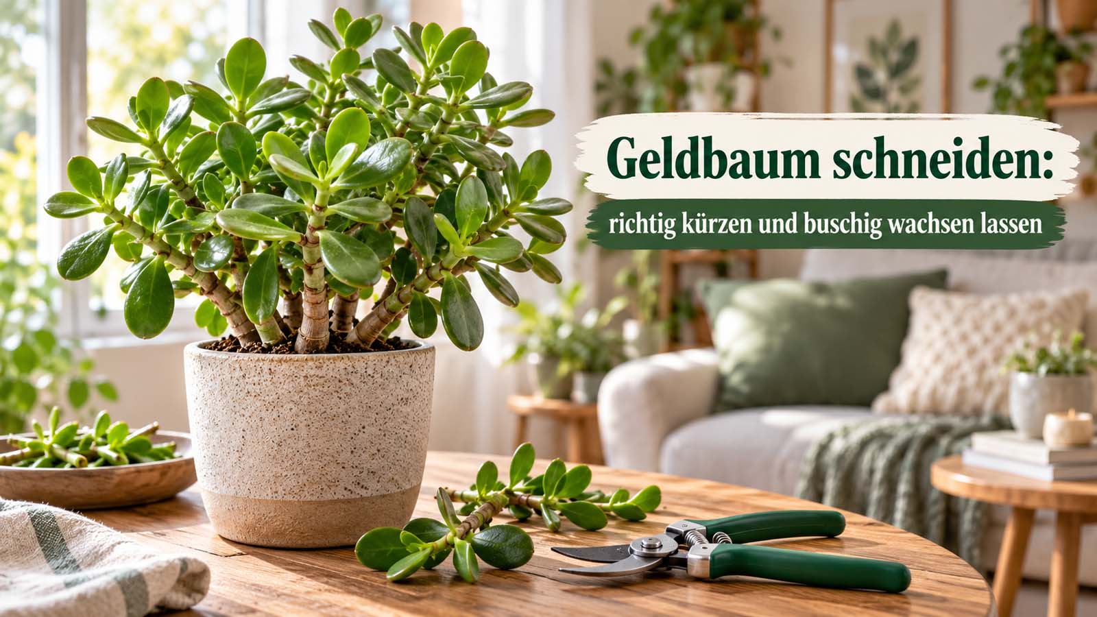 Buschig geschnittener Geldbaum mit Gartenschere und entfernten Trieben – passend zum richtigen Rückschnitt und zur Förderung neuer Verzweigungen.