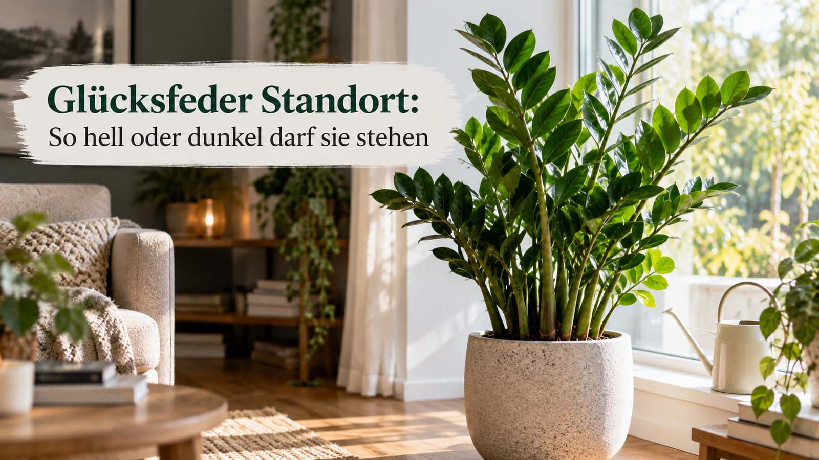 Glücksfeder an einem hellen Standort mit indirektem Licht im Wohnraum – passend zu Lichtbedarf, schattigem Standort und direkter Sonne.