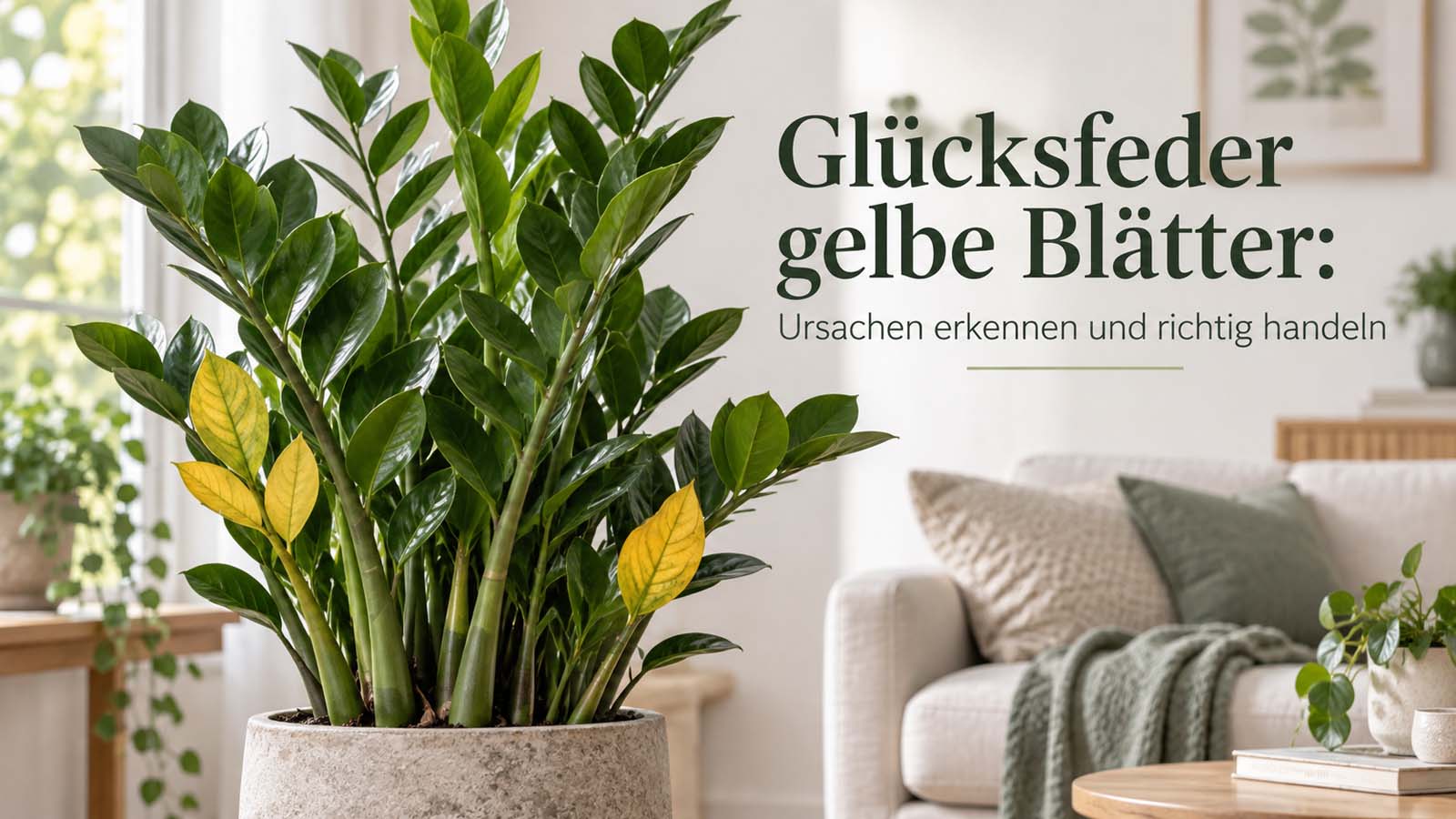 Glücksfeder mit mehreren gelben und gesunden grünen Blättern im hellen Wohnraum – passend zu Ursachen wie zu viel Wasser, Trockenheit und Standortstress.