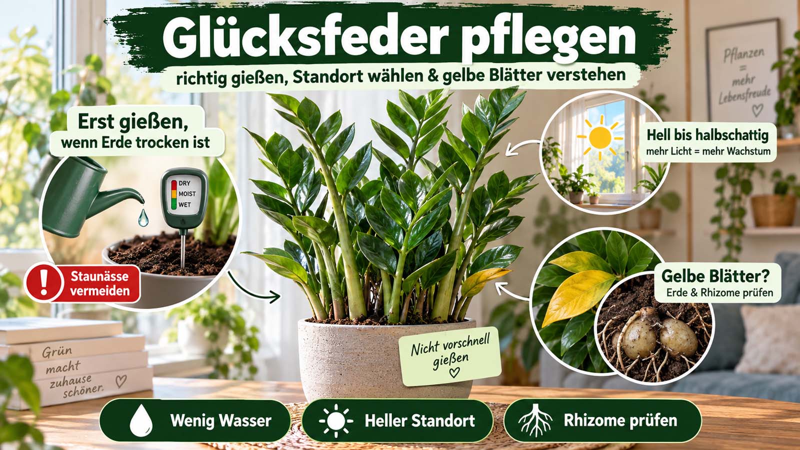 Glücksfeder mit Hinweisen zu sparsamem Gießen, hellem Standort, Staunässe sowie gelben Blättern und der Kontrolle von Erde und Rhizomen.
