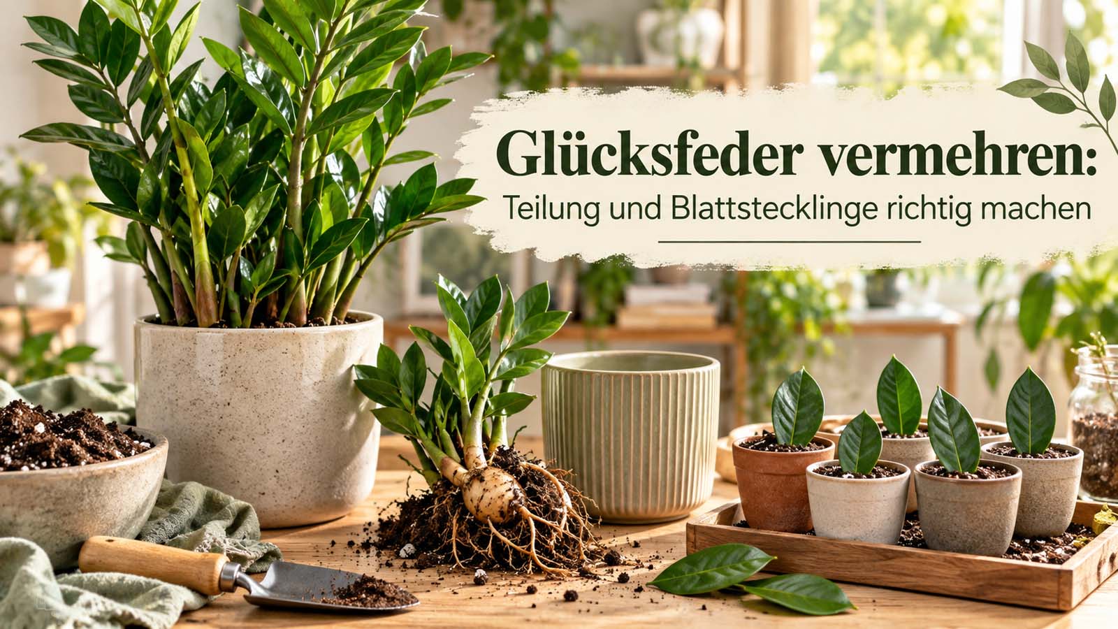 Glücksfeder bei der Vermehrung mit geteilter Pflanze, sichtbarem Rhizom und mehreren Blattstecklingen in kleinen Töpfen – passend zu Teilung und Stecklingsvermehrung.