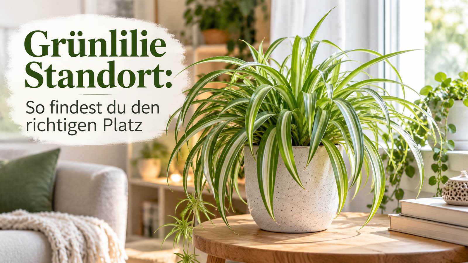 Grünlilie an einem hellen Fenster mit indirektem Tageslicht – passend zum richtigen Standort für Chlorophytum comosum.