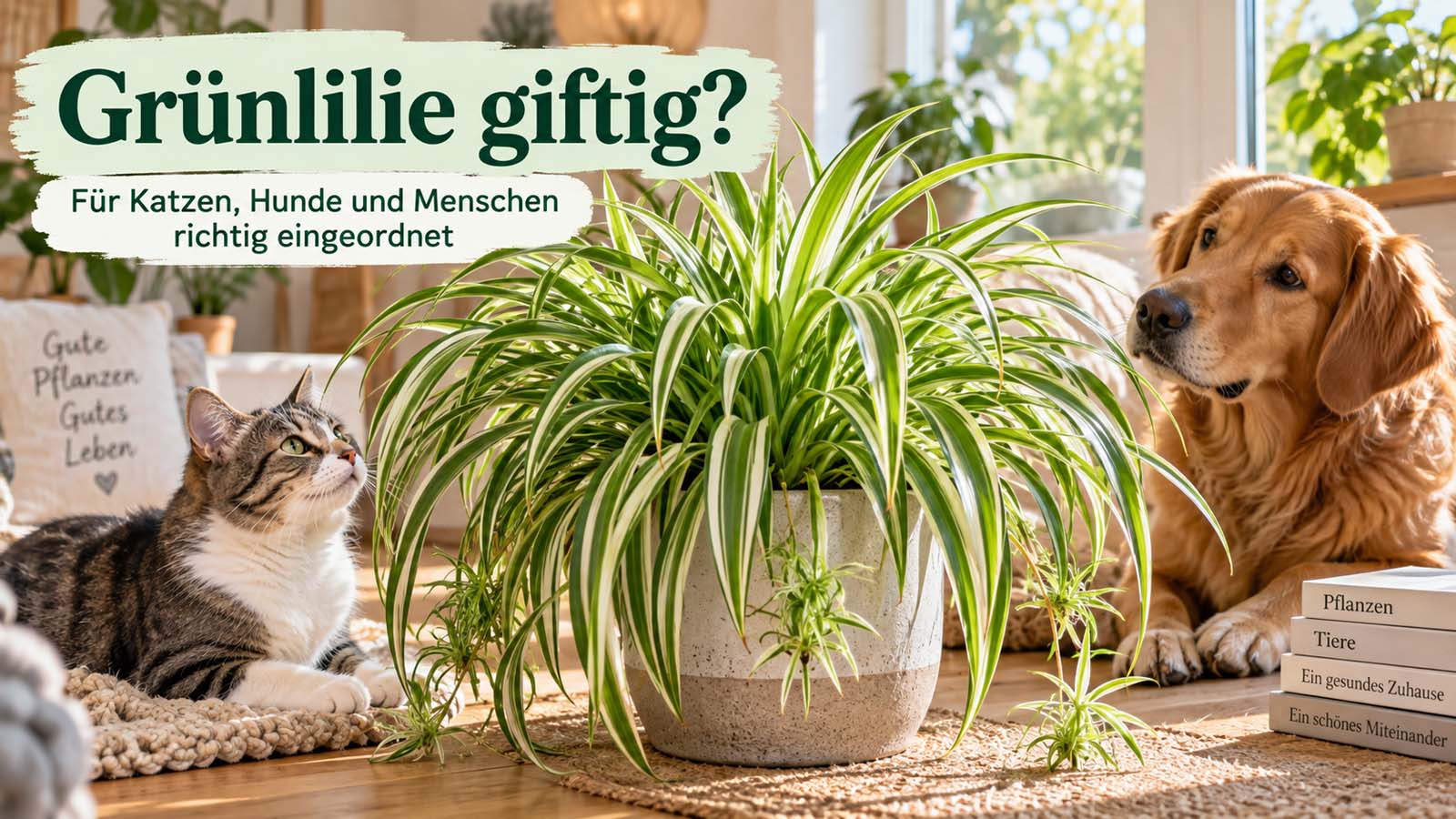 Grünlilie im hellen Wohnraum mit Katze und Hund – passend zur Frage, ob Chlorophytum comosum für Haustiere und Menschen giftig ist.