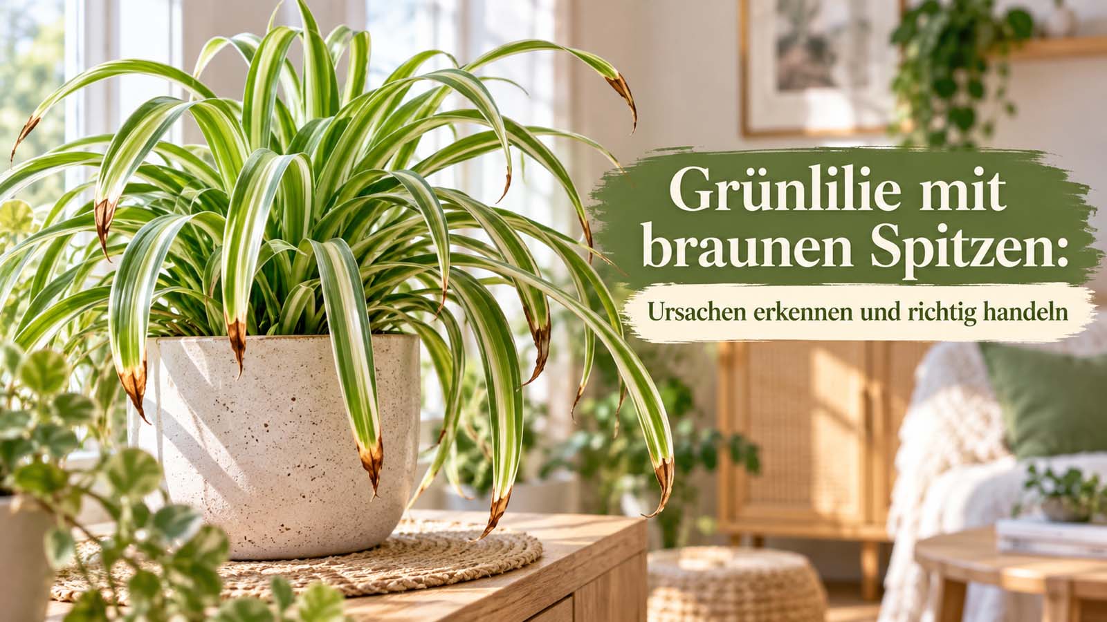 Grünlilie mit mehreren braunen, vertrockneten Blattspitzen im hellen Wohnraum – passend zu Ursachen wie Gießfehlern, trockener Luft oder Salzbelastung.